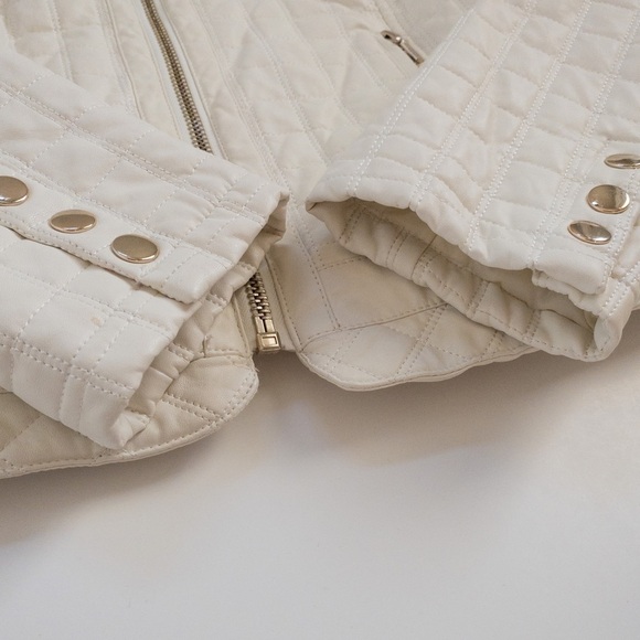 𝅺Forever 21 White Vegan Faux Leather Moto Jacket Coat Checker Print Size L NWOT - Picture 8 of 14